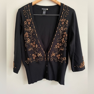 Sweaterworks Women’s‎ Silk Blend 3/4 Sleeve Cardigan Wood Beading Black Large
